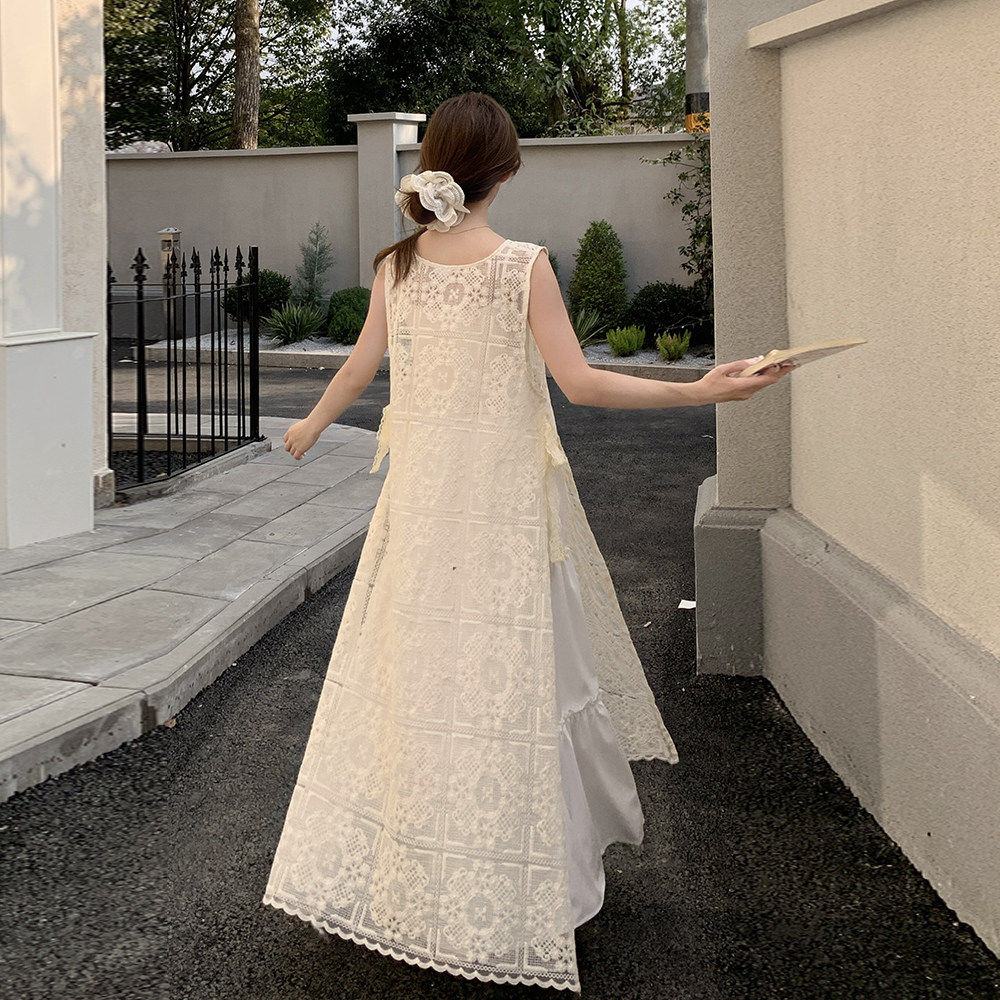 米白色叠穿蕾丝罩衫裙套装女夏季2025年新款甜美气质半身裙两件套,女装连衣裙,Yologo