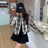 甜酷港风短外套2025早春新款格纹拼接短款小个子棒球服宽松上衣，女装短外套，Yologo