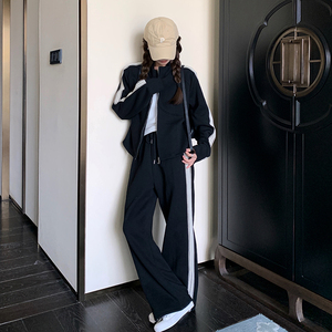 黑色韩系休闲运动女2025开春新款超火减龄宽松卫衣卫裤图片