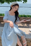 法式蓝色方领泡泡袖连衣裙女夏2024新款小个子显高胖mm遮肚显瘦，女装连衣裙，Yologo