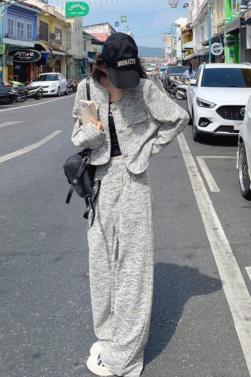 高级感灰色小香风套装女2025春季新款甜酷风西装外套阔腿裤两件套,女装套装/套裙,Yologo