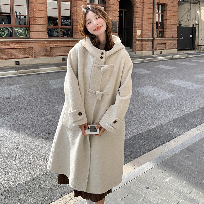 韩版时尚连帽双面羊毛大衣女2025秋冬季新款显瘦加厚长款呢子外套,女装毛呢外套,Yologo