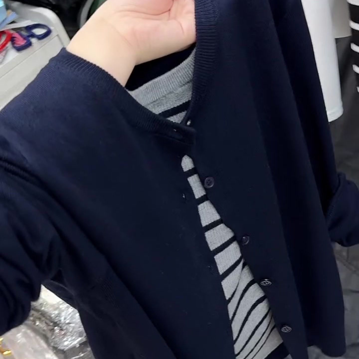 专柜棉线针织衫假两件圆领开衫女