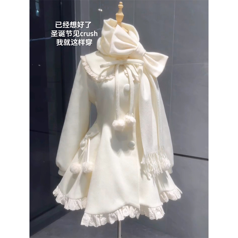 圣诞节新年战袍穿搭服装温柔风日系学院风毛呢收腰连衣裙围巾套装