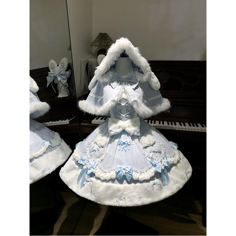 蓝色甜美可爱少女斗篷连衣裙lolita裙甜美套装洛丽塔日常洋装秋冬