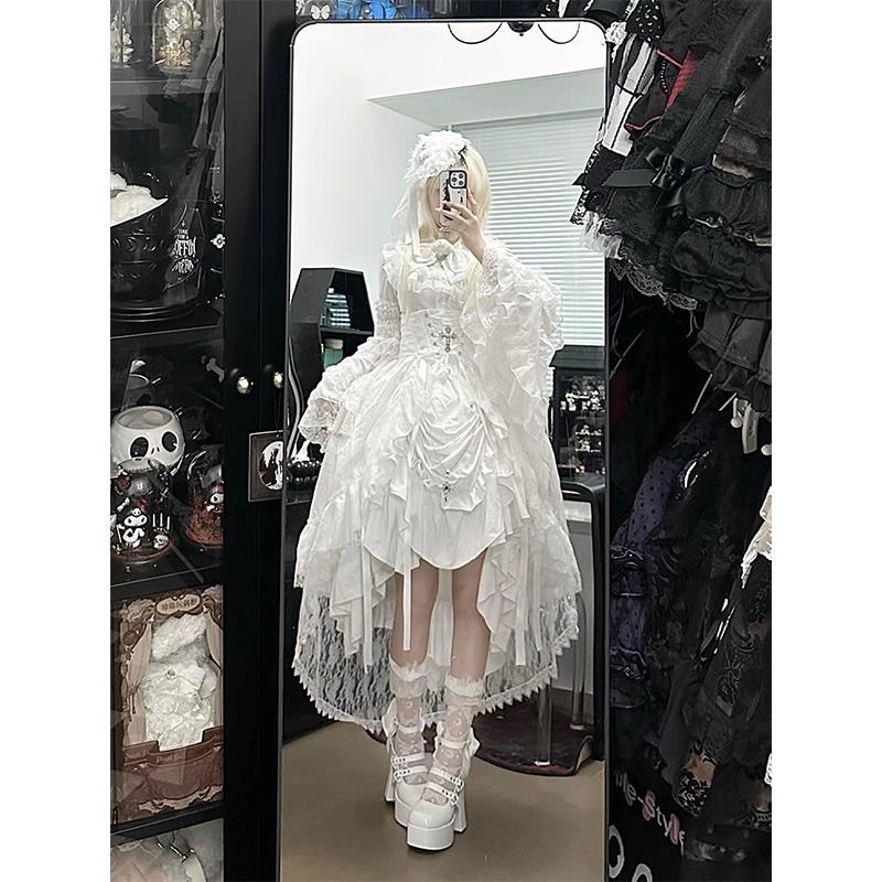 纯白哥特风姬袖腰封提拉裙洛丽塔lolita裙套装优雅超华丽超酷日系