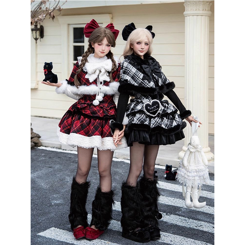 雪夜冬日 格纹jsk披肩双子冬季lo裙优雅大小姐重工连衣裙三件套装