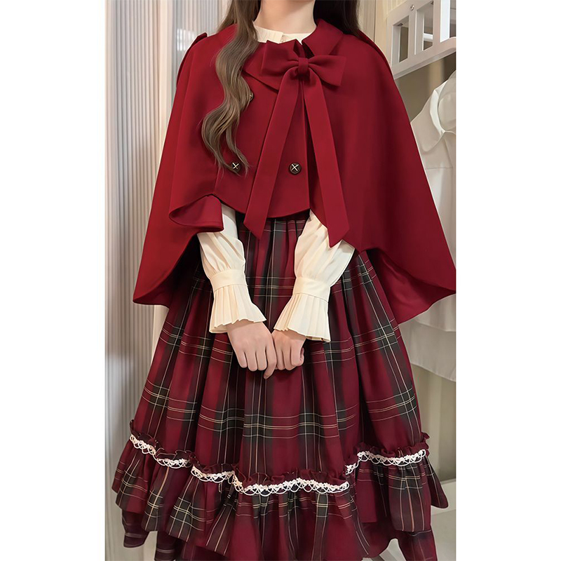 复古lolita千金感格子控连衣裙+斗篷+衬衫三件套女冬季学院风套装