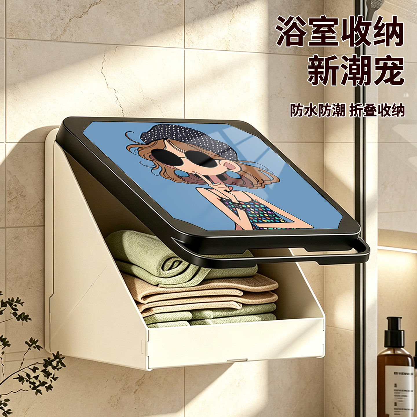 卡通风浴室壁画收纳箱放衣服神器卫生间洗澡置物架厕所壁挂折叠盒