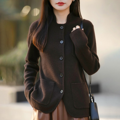 2025年秋冬新款安迪绒立领针织开衫长袖女纯色带兜宽松上衣外套