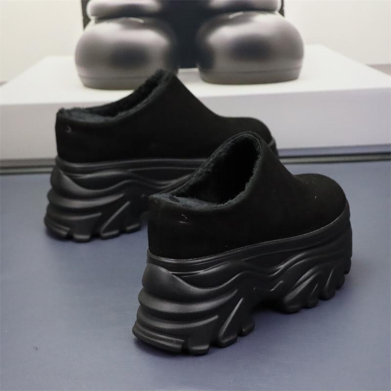 加绒保暖女全黑拖鞋厚底内增高12CM勃肯鞋一脚蹬冬季小个子包头鞋