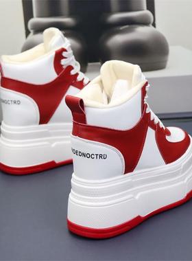 高帮加绒红色内增高12cm女棉鞋2024冬季新款厚底松糕皮面保暖鞋子