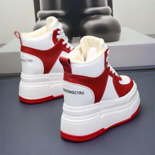 高帮加绒红色内增高12cm女棉鞋2024冬季新款厚底松糕皮面保暖鞋子