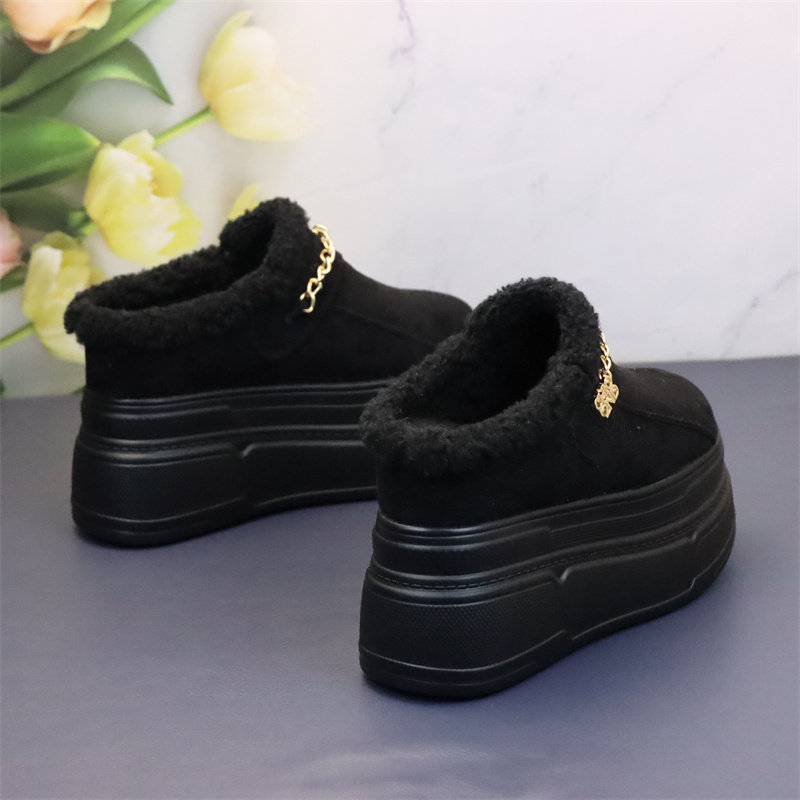 冬季黑色加绒包头拖鞋女内增高12cm懒人一脚蹬毛毛保暖增高女棉鞋