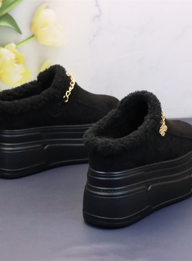 冬季黑色加绒包头拖鞋女内增高12cm懒人一脚蹬毛毛保暖增高女棉鞋