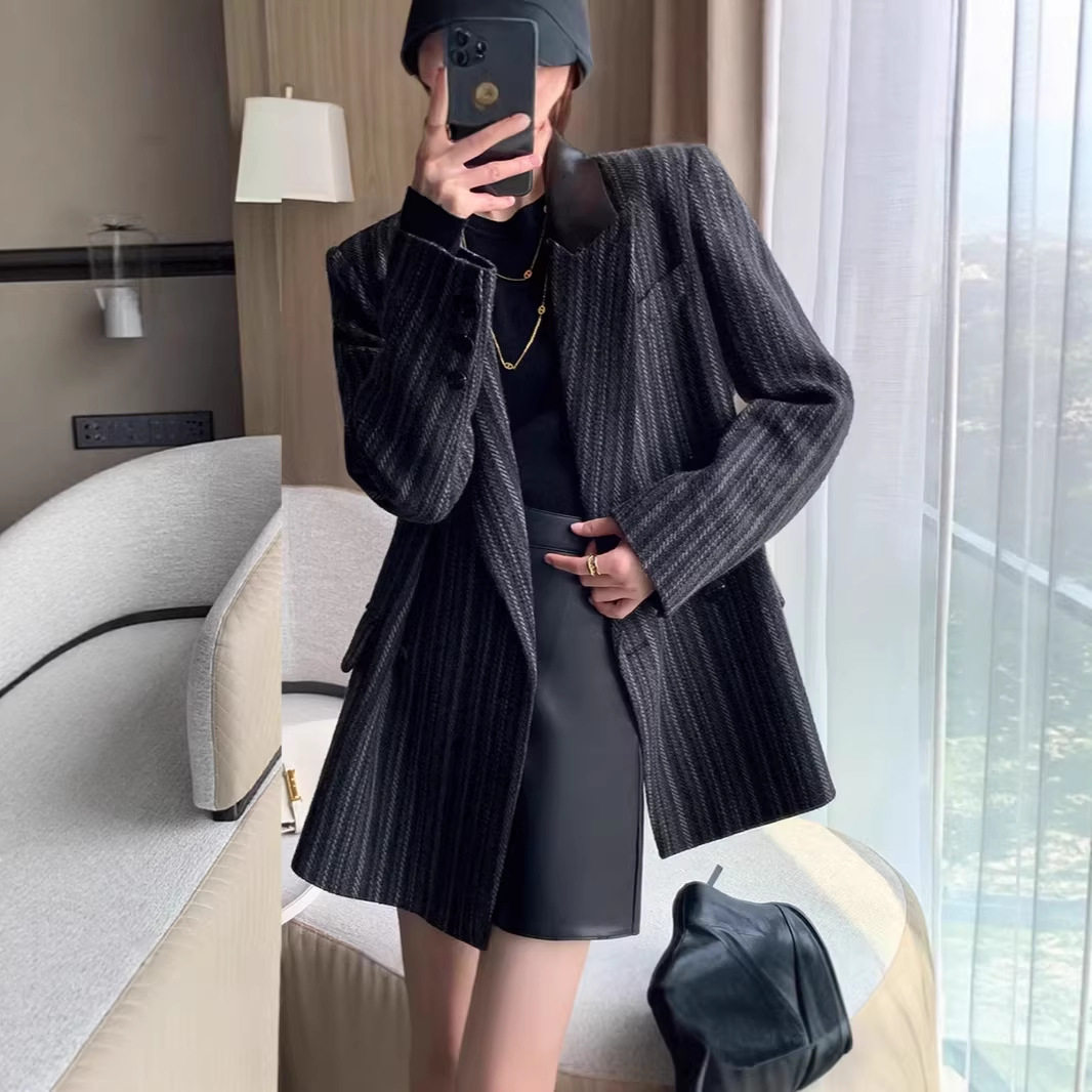 2025秋冬大码女装毛呢加棉西装外套胖mm200斤条纹加厚西服AA070