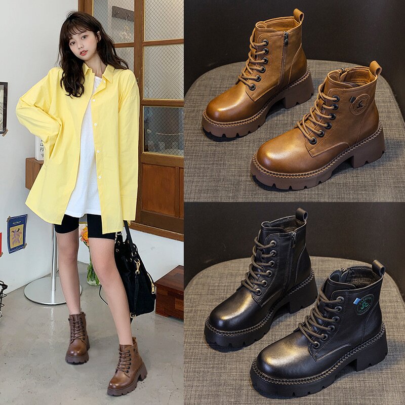 马丁靴女时尚英伦风短靴2025秋冬新款时尚皮面厚底复古靴子女爆款