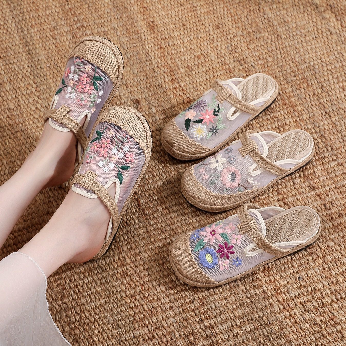 台艺新款绣花拖鞋民族风老北京布鞋古风汉服休闲透气欧根纱网鞋,女鞋,传统布鞋,淘宝优惠券,粉丝福利购,淘宝优惠卷