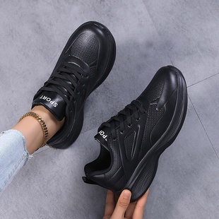 鞋皮面运动鞋全黑色休闲健身鞋轻便工作鞋跑步鞋防水耐脏波鞋爆款