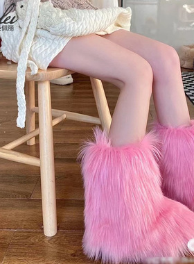 出口欧美冬季2025红色长毛毛中筒雪地靴涩仿貉子狐狸毛潮辣妹棉鞋