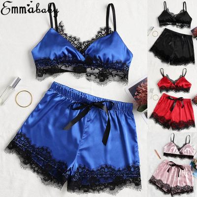Women Underwear Silk Satin Lingerie Bra Shorts Set Nightwear