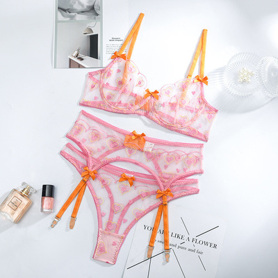 New transparent mesh sexy print small bow three-piece set