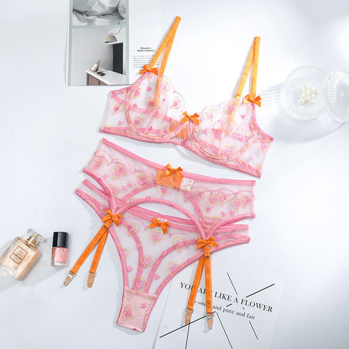 New transparent mesh sexy print small bow three-piece set