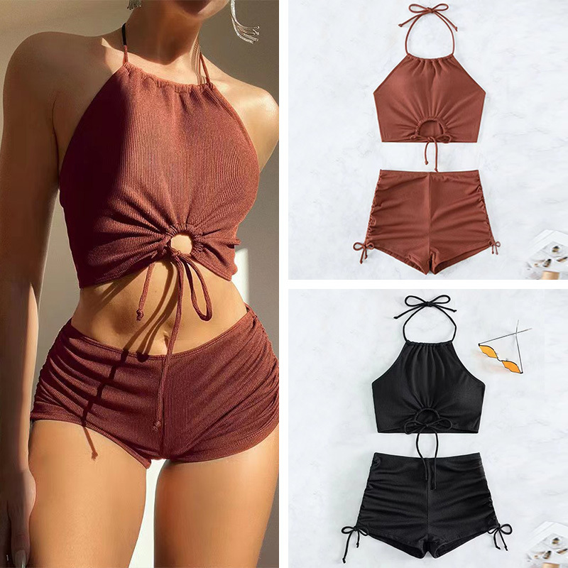 新款纯色吊带绑带分体泳衣平角运动比基尼 Bikini sling swimsuit