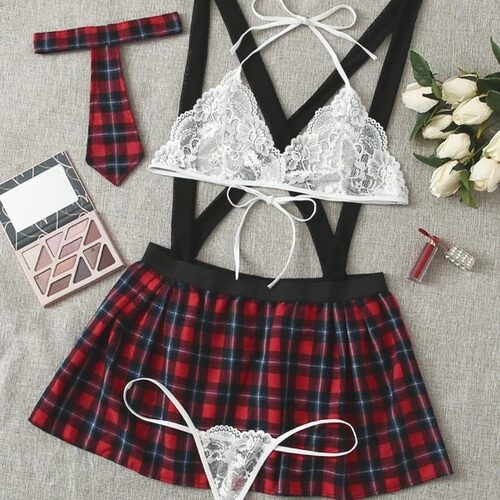 Sexy lingerie plaid skirt suit女装纯色睡衣内衣格子裙性感套装