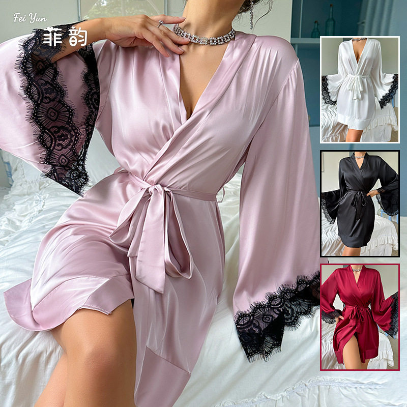 Women sexy sleepwear性感睡袍中款浴袍睡衣女长袖女士缎面家居服