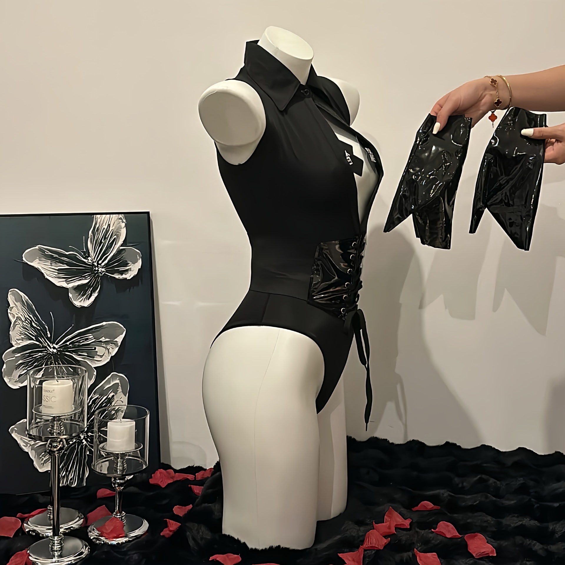 Sexy lingerie crotch slit jumpsuit patent leather set女内衣