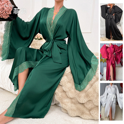 Women's nightgown/bathrobe缎面长款睡衣女蕾丝长袖凉感睡袍浴袍