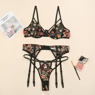 Erotic lingerie sexy women's push up three-piece underwear