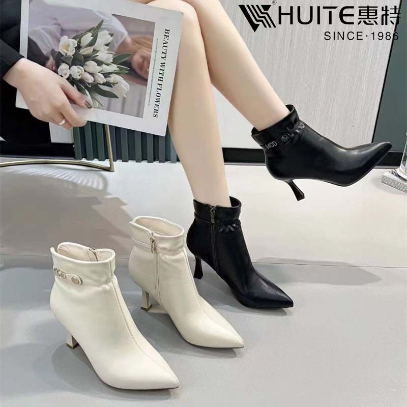 惠特品牌正品女鞋冬季新款细跟高跟尖头优雅女人味时装短靴棉鞋