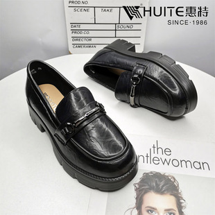 惠特品牌女鞋秋季新款商场同款乐福鞋黑色皮鞋复古风时装女单鞋