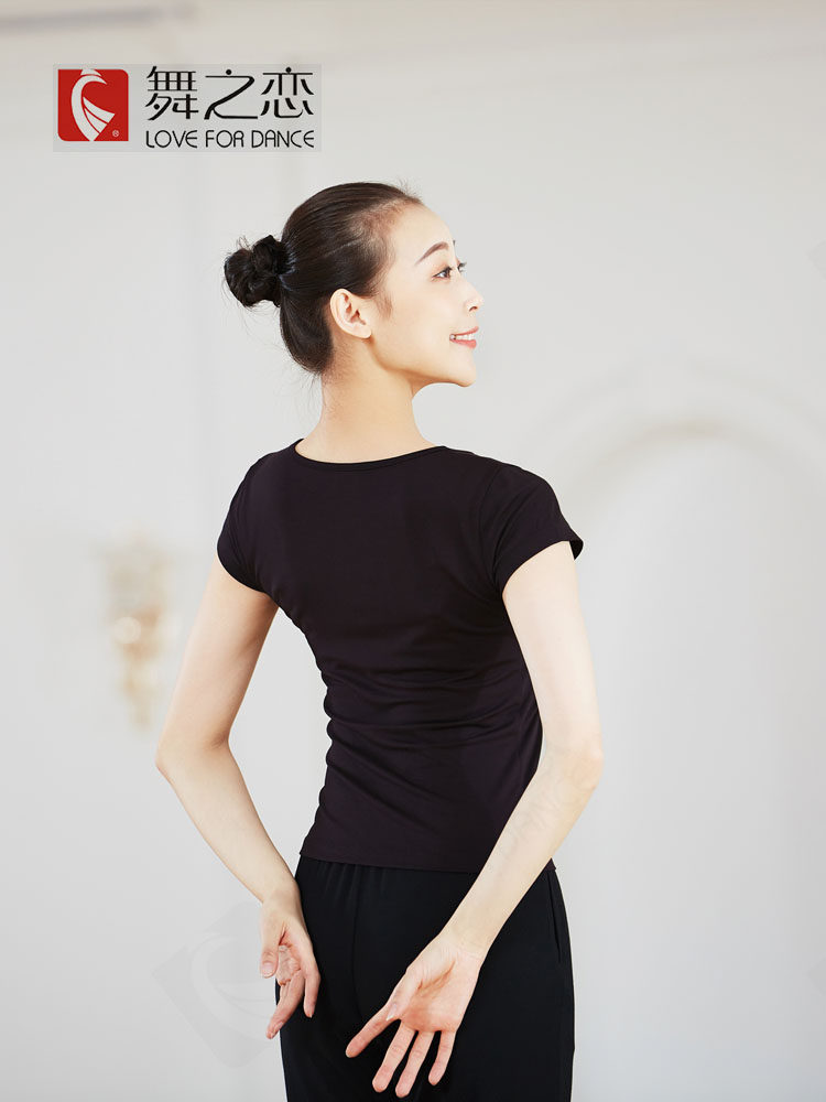 舞之恋黑色舞蹈练功服成人女式V领短袖上衣形体服装艺考基训练服