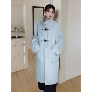 哥哈初雪’立领直筒撞色牛角扣圈圈毛呢长款 气质通勤外套 大衣冬季