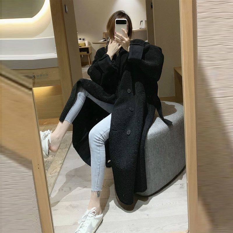 2025中长款外套女冬季新款韩版翻领系带复古宽松大衣