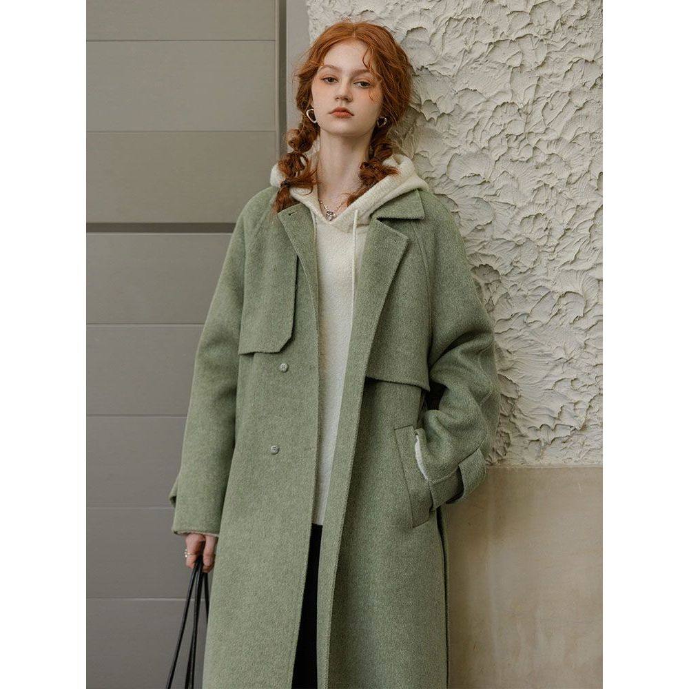 2025年新款复古宽松廓形系带绿色呢大衣女秋冬爆款高级感毛呢外套
