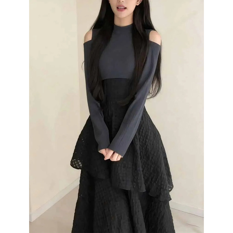 日系温柔甜美撞色拼接露肩连衣裙女冬设计感收腰不规则荷叶边长裙