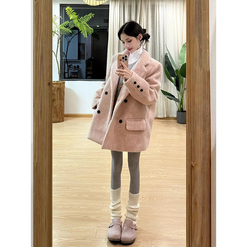 韩系气质双排扣西服毛呢外套女秋冬新款温柔风粉色中长款呢子大衣,女装/女士精品,毛呢外套,淘宝优惠券,粉丝福利购,淘宝优惠卷