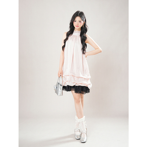 古早千金系带挂脖连衣裙夏季新款小个子甜美收腰显瘦连衣短裙