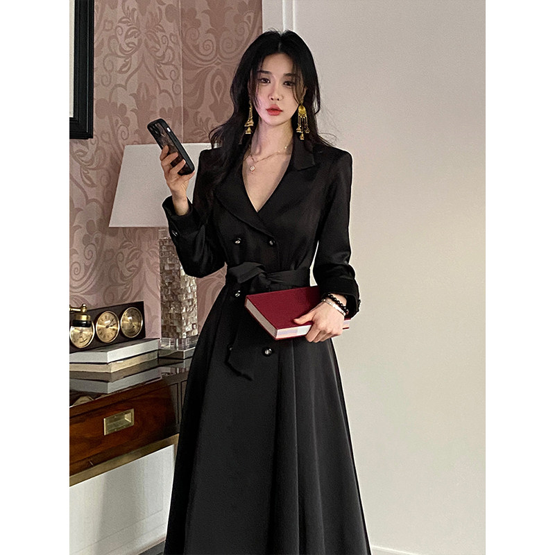 【复古宇宙】秋季新款法式气质高级感半开领中长款黑色风衣外套女,女装/女士精品,风衣,淘宝优惠券,粉丝福利购,淘宝优惠卷