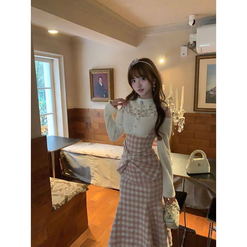 秋冬款日系甜美超仙格纹粉色长裙气质收腰显瘦长裙包臀鱼尾连衣裙