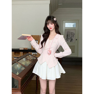 法式少女感粉色长袖条纹拼接假两件连衣裙女秋季设计感收腰短裙子