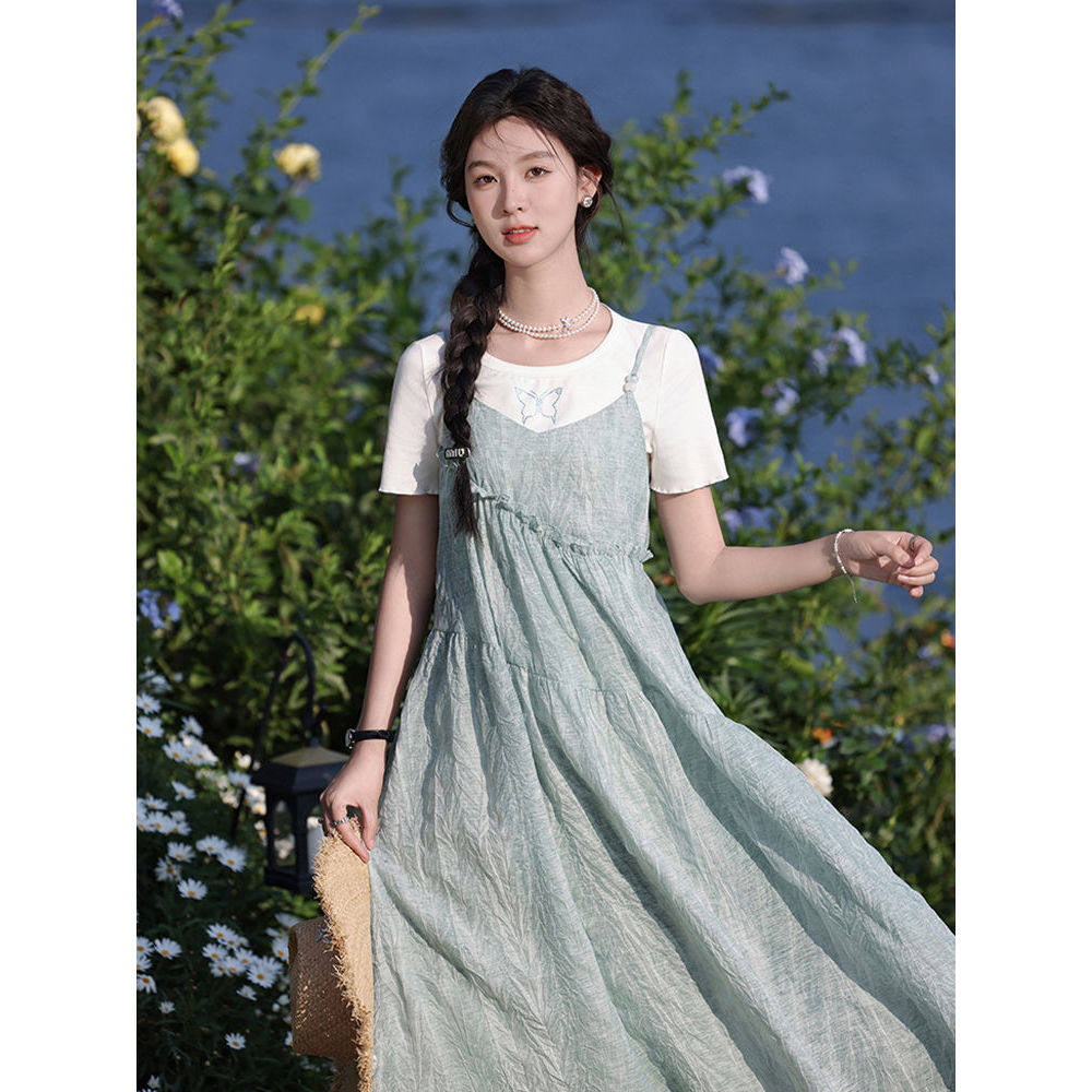 「海盐薄荷」吊带连衣裙+蝴蝶印花套装裙2024夏季清新森女两件套,女装/女士精品,时尚套装,淘宝优惠券,粉丝福利购,淘宝优惠卷