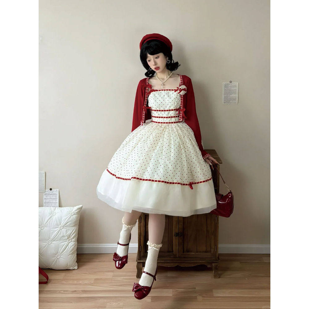 复古甜心 酒红色开衫+吊带波点蓬蓬洛丽塔连衣裙2025新款Lolita裙,女装/女士精品,时尚套装,淘宝优惠券,粉丝福利购,淘宝优惠卷