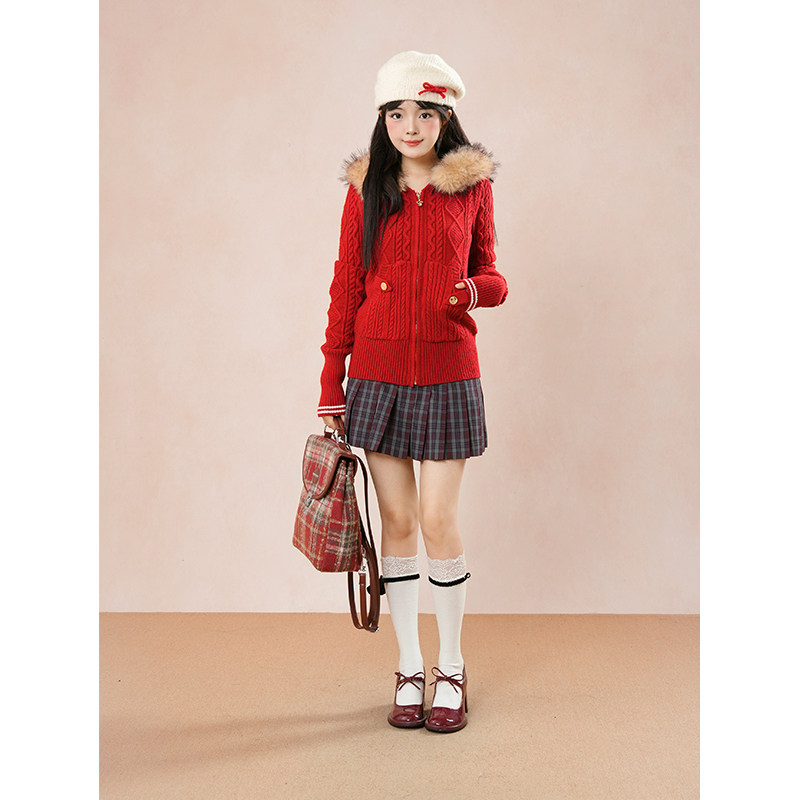 北海初雪 辣妹休闲慵懒修身收腰拉链连帽毛衣开衫外套女秋季新款