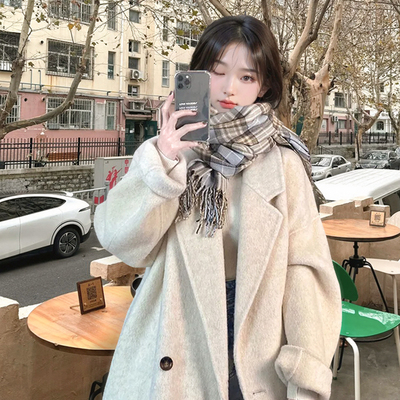 2025年新款冬季白色呢大衣小众中长款小个子高级感毛呢外套女冬装