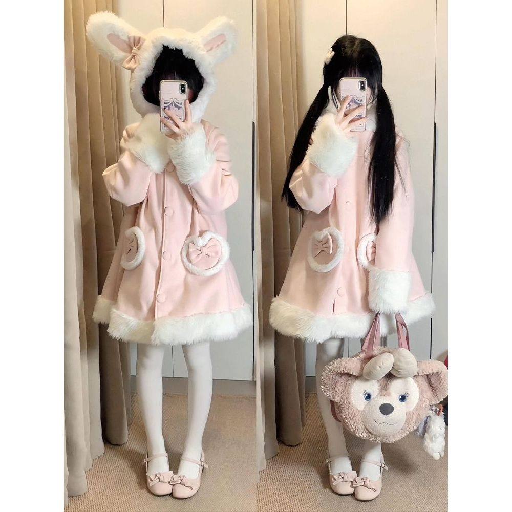 软萌兔兔 2025冬季新款兔耳大衣甜美软妹lolita小个子毛呢外套